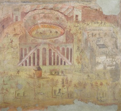 Een gevecht in het amfitheater, 59 AD, gevecht tussen burgers van Pompeii en Neceria, uit Pompeii, 4e decoratieve stijl door Roman